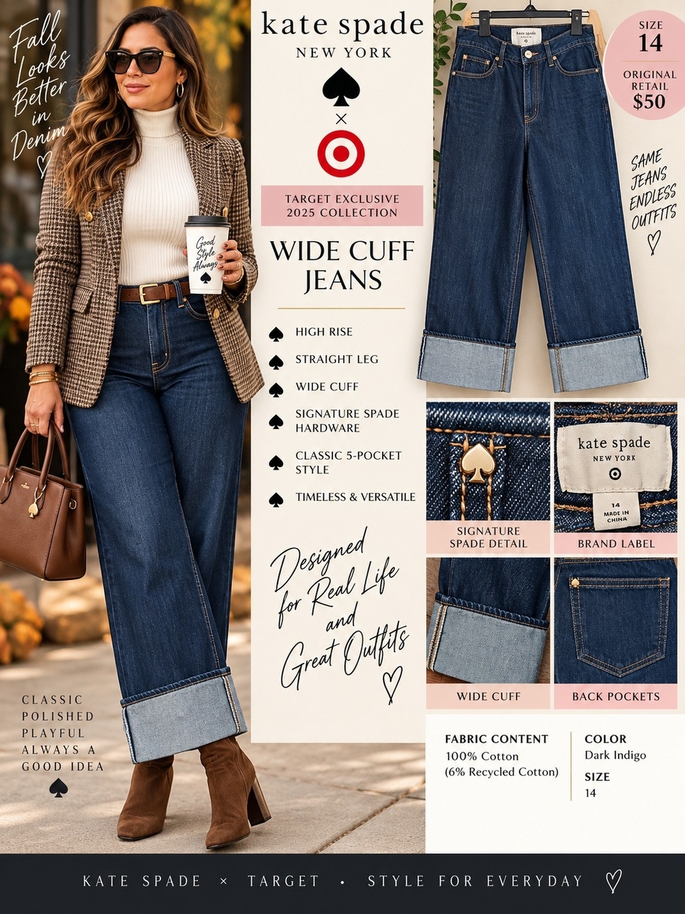 Kate Spade x Target Wide Cuff Dark Wash Jeans Size 14
